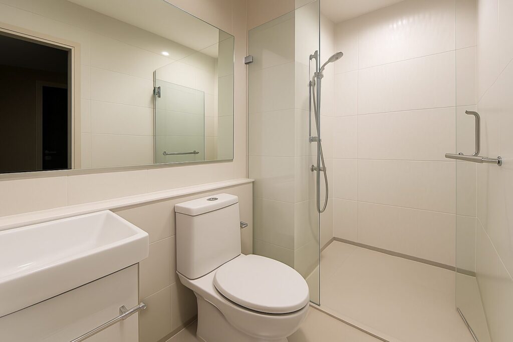 Modern bathroom with glass shower at Life One Wireless condo