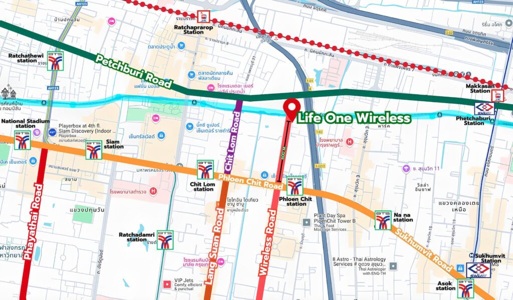 Map showing Life One Wireless condominium location near BTS and MRT stations in central Bangkok.