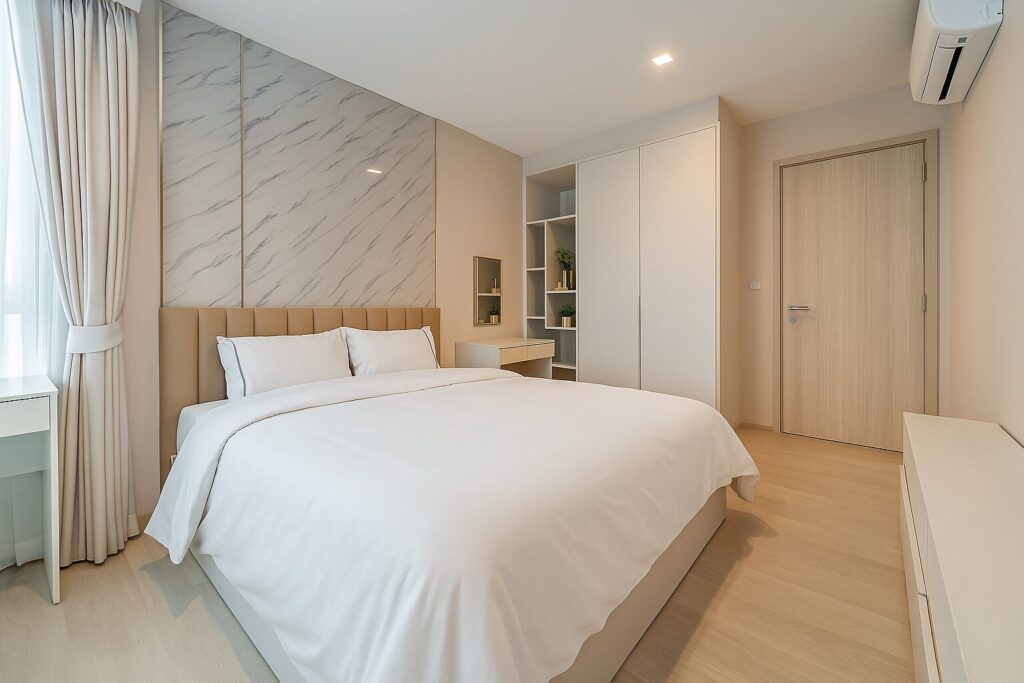 Modern bedroom with marble accent wall and neutral decor at Life One Wireless Bangkok
