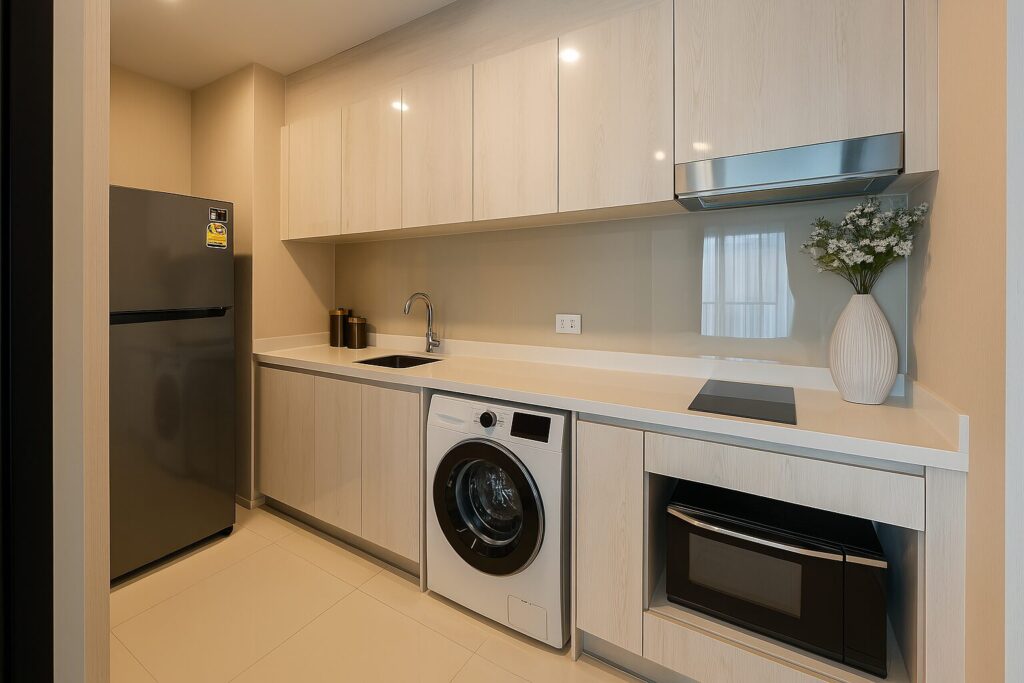 Modern condo kitchen with built-in appliances and light wood cabinetry at Life One Wireless Bangkok.