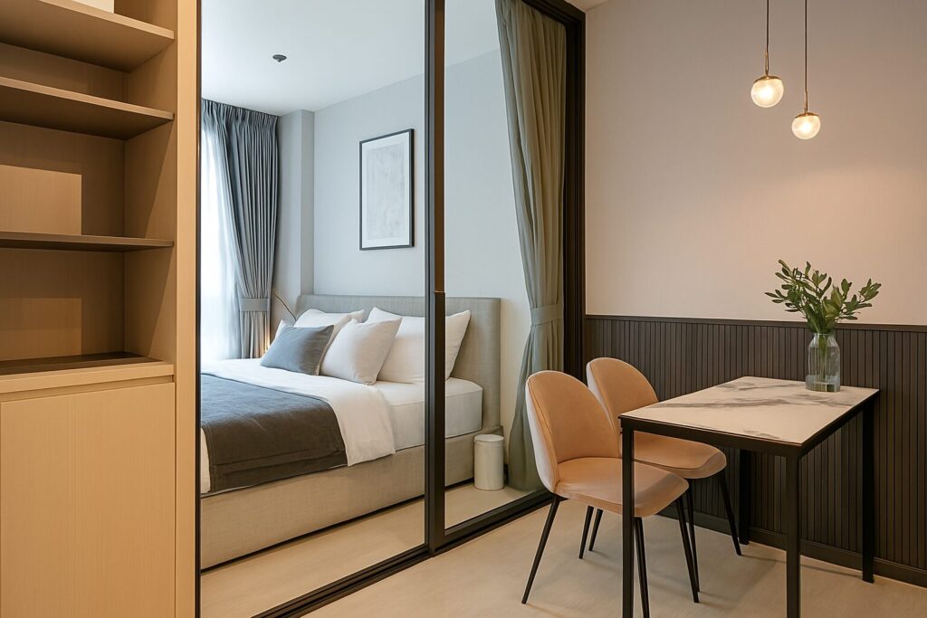 Modern open-plan apartment with dining area and bedroom view