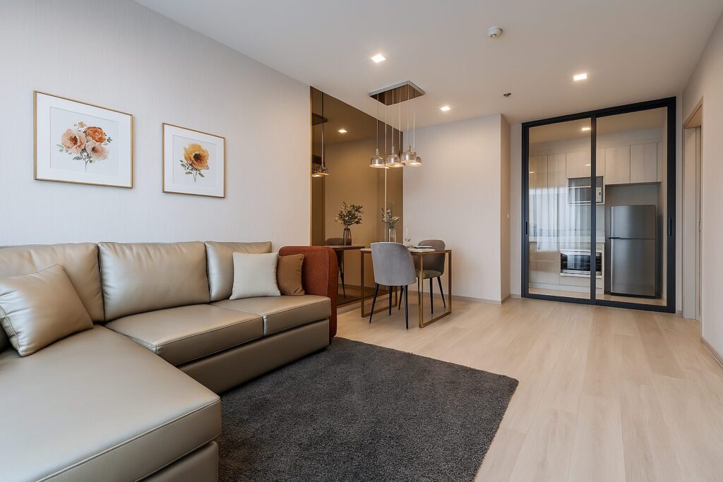 Modern open-plan living room with dining area and kitchen at Life One Wireless Bangkok.