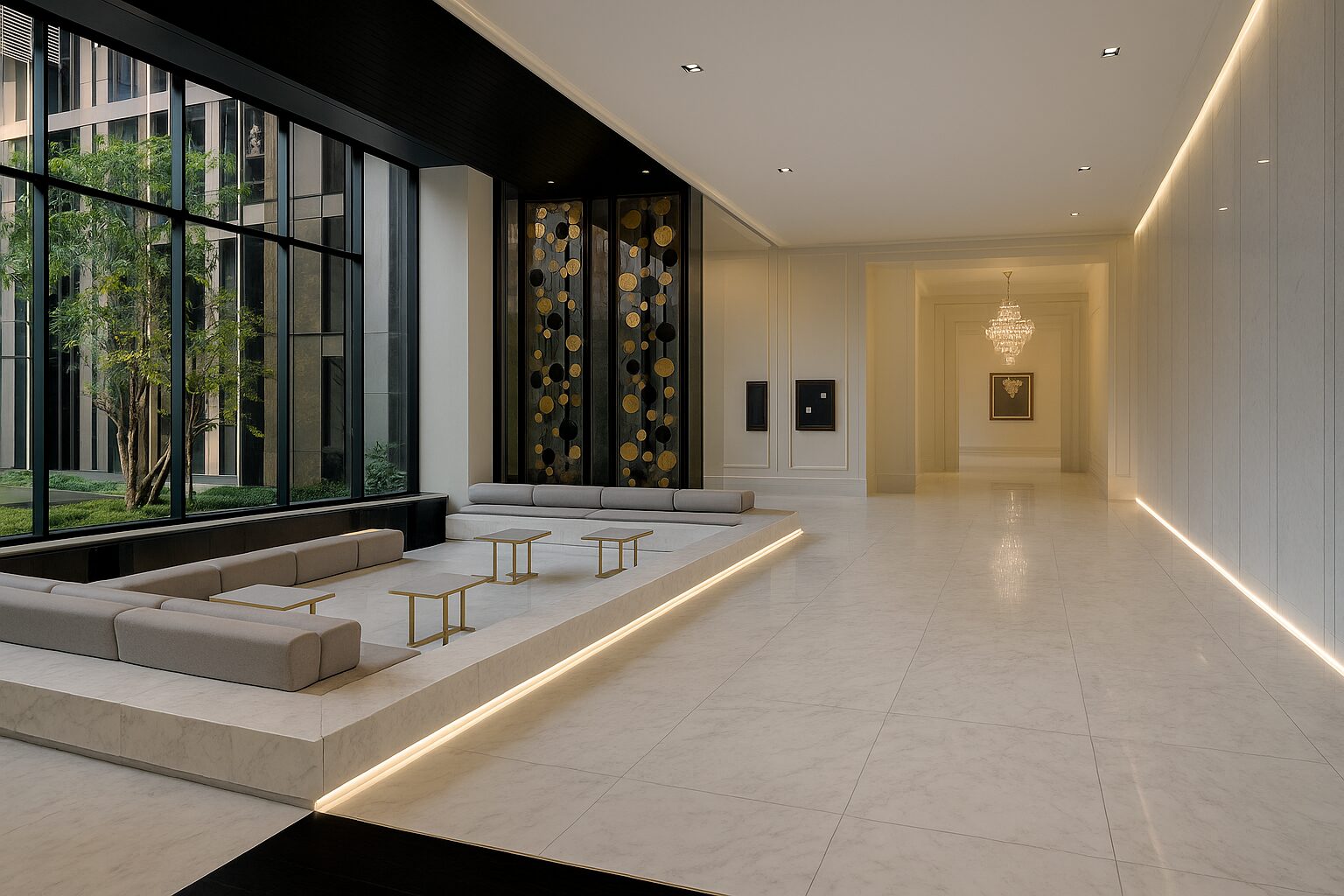 Elegant marble lobby with modern sunken seating at Life One Wireless Bangkok