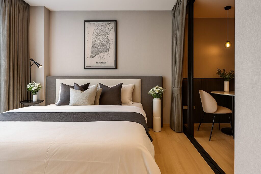 Modern one-bedroom condo with minimalist decor and natural lighting in Bangkok.