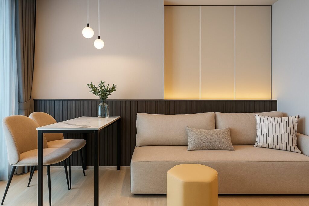 Modern living room with minimalist design at Life One Wireless, Bangkok. 