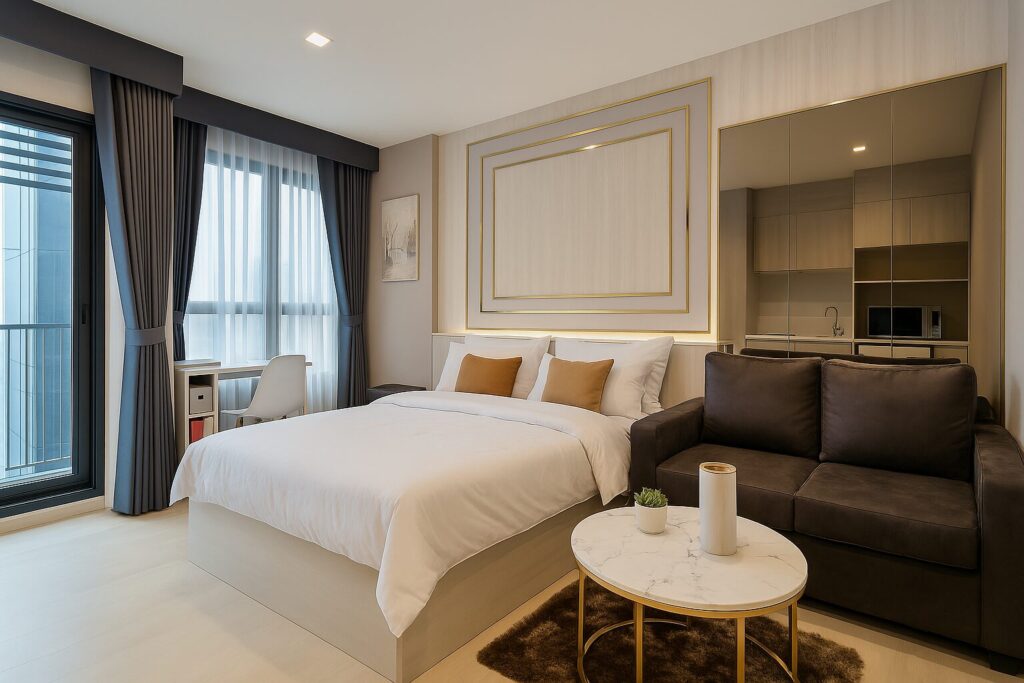 Stylish studio condo at Life One Wireless Bangkok with modern furniture and natural lighting.