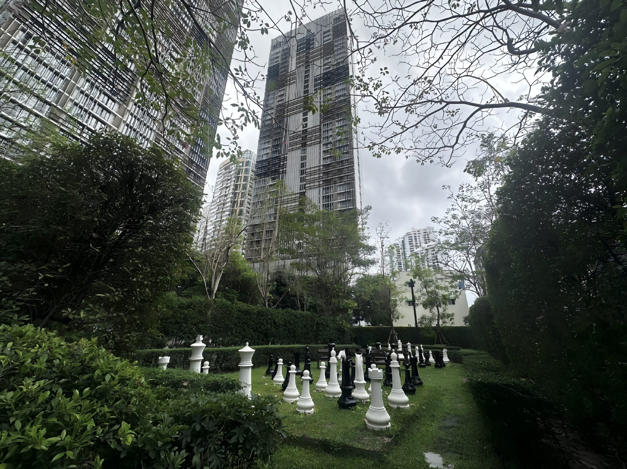 Luxury condominium garden with modern architecture, Park 24 in Bangkok.