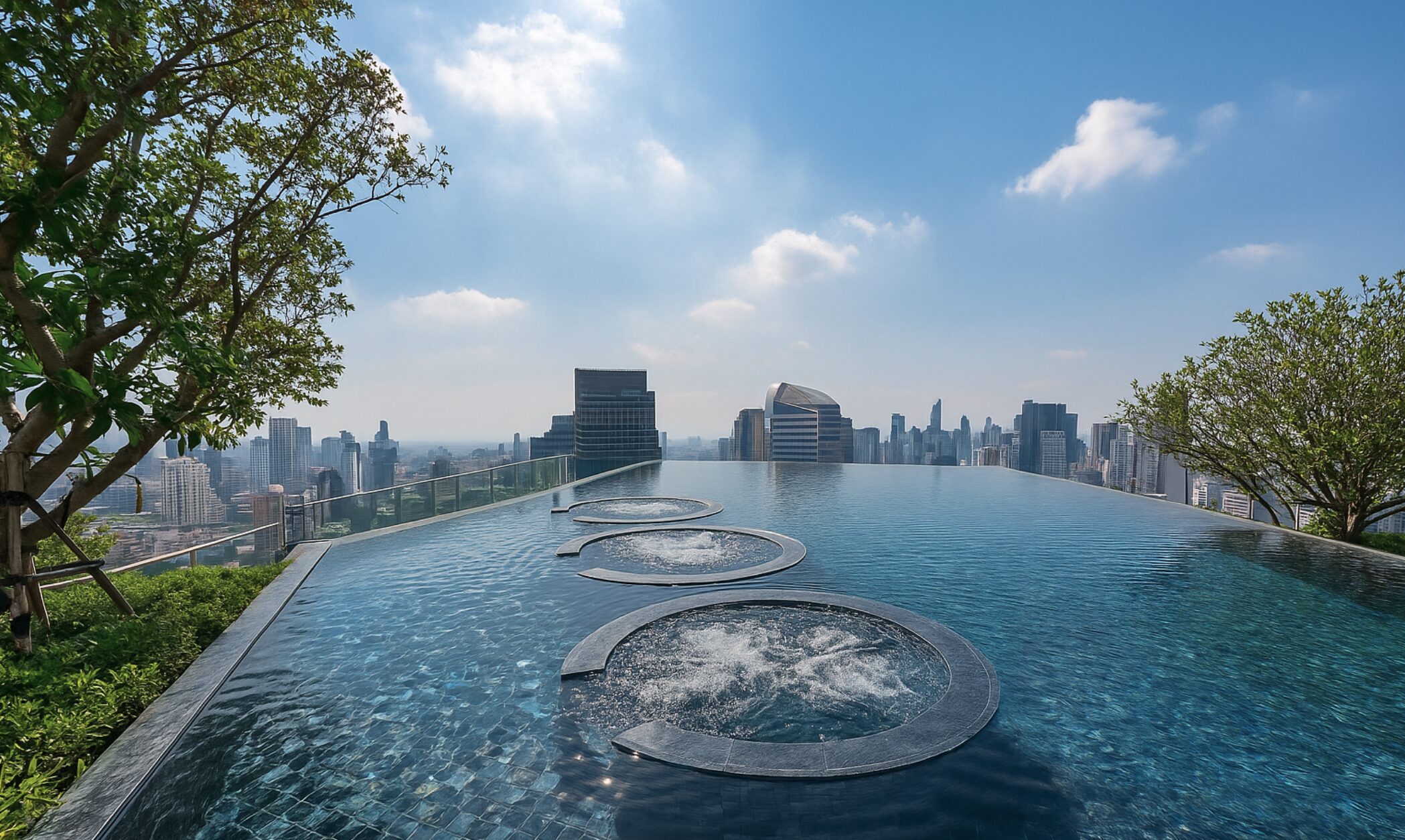 Infinity rooftop pool with city skyline view at Life One Wireless Bangkok