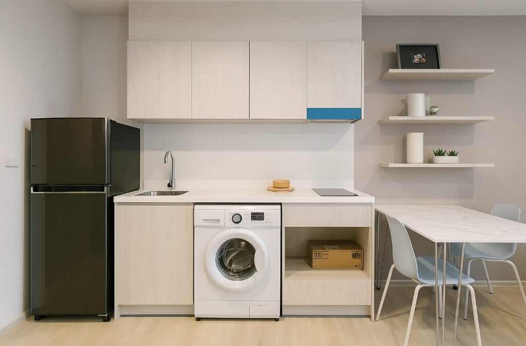Compact modern kitchen in Life One Wireless studio with built-in appliances and minimalist design.