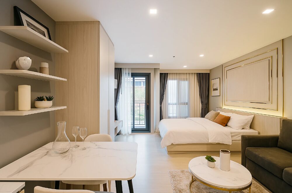 Modern fully furnished studio unit at Life One Wireless Bangkok with natural light and stylish interiors.
