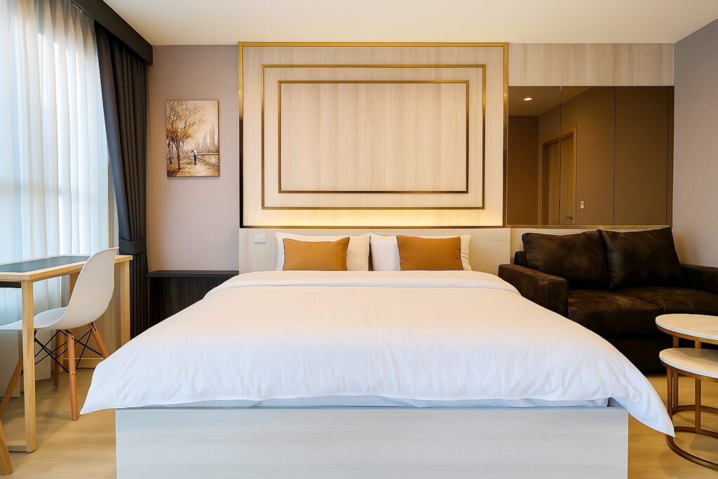 Modern studio bedroom at Life One Wireless Bangkok with cozy sofa and stylish workspace.