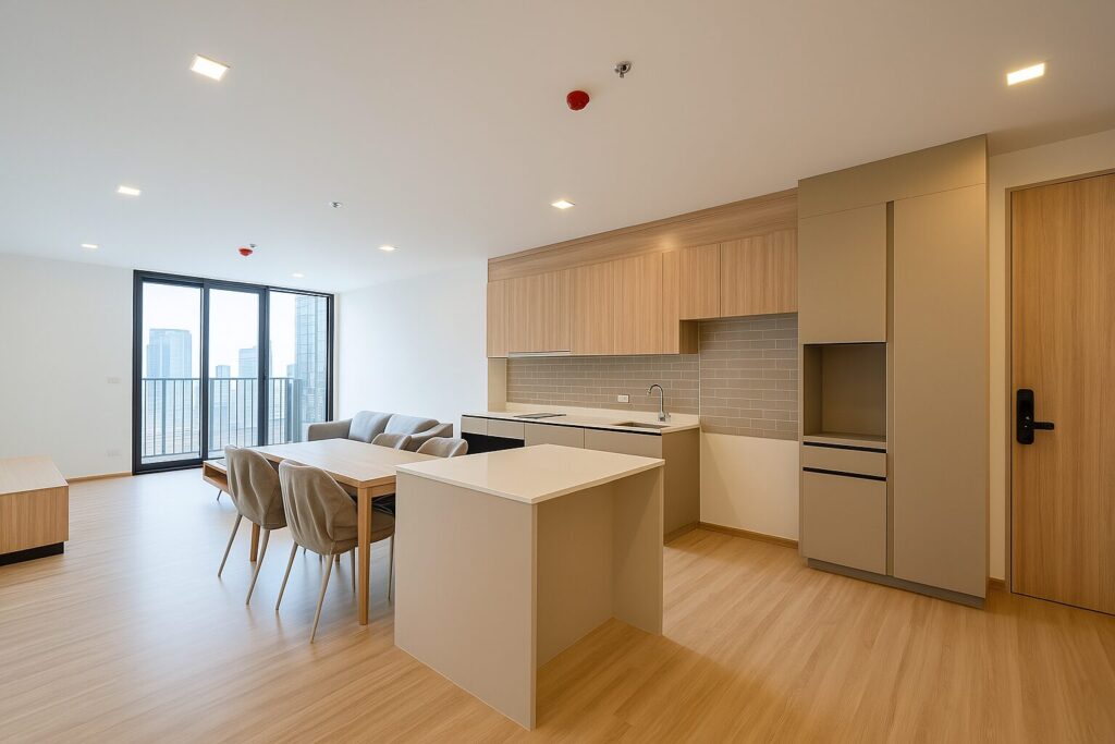 Modern two-bedroom condominium unit at XT Phayathai featuring open-plan kitchen, dining, and living area with natural wood finishes and floor-to-ceiling windows